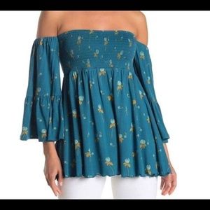 NWT Free People Mermaid Combo off shoulder tunic size Small teal floral print
